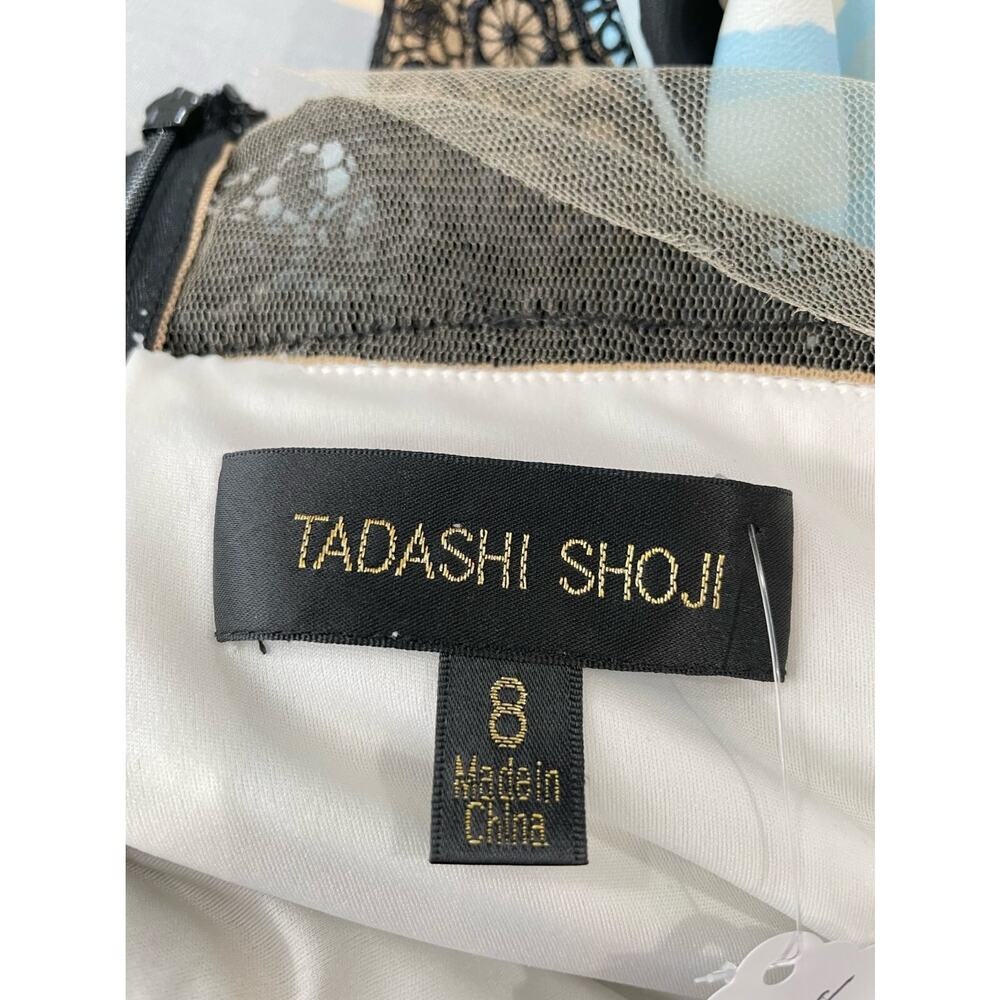 Tadashi Shoji Womens Blue Black Striped Tulle Lace Midi Dress Sz 8 - Picture 9 of 10